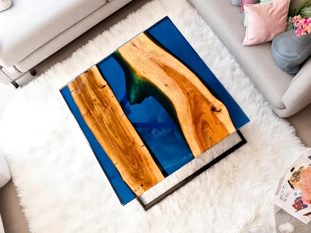 Square Blue Epoxy Table for Home or Living Spaces